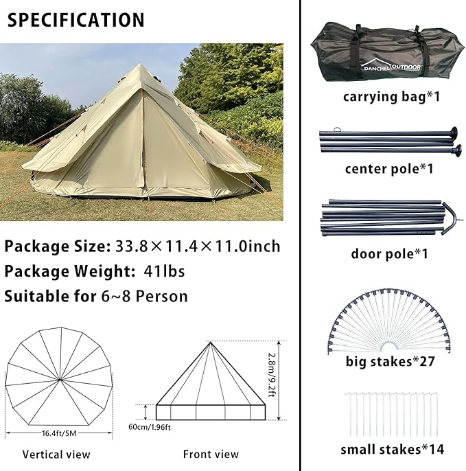 DANCHEL OUTDOOR B2 Portable Yurt with Stove Jack for Winter Camping, 4 Season Bell Tent Large Hot Tent 4/6 Person Family Camping Glamping Party 300D Oxford Khaki, 13ft/16.4ft