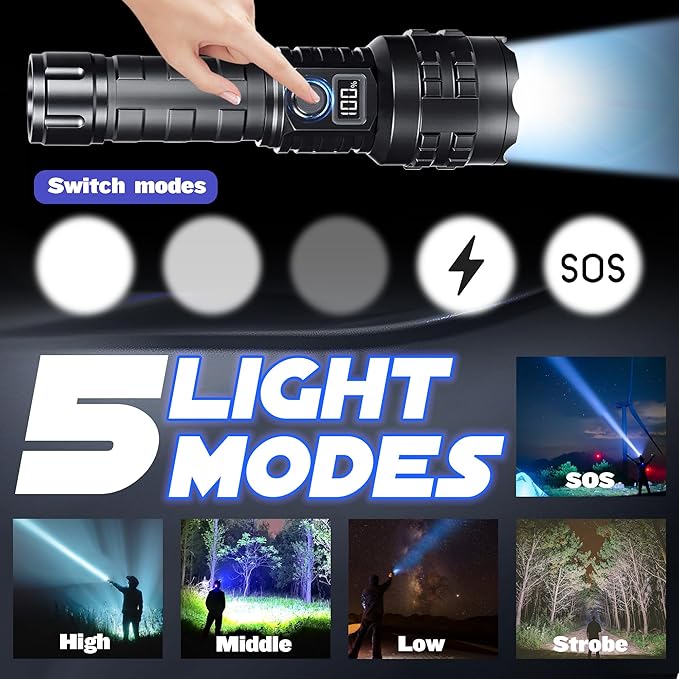 Flashlights High Lumens Rechargeable, 1000000 High Lumens Super Bright Handheld LED Flash Light, Powerful Emergency Linternas, Waterproof, Long Lasting, for Hiking Camping Gift