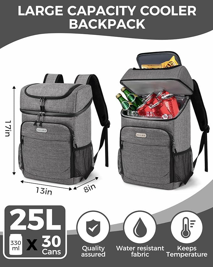 BAGLHER Lightweight Insulated Cooler Backpack - 30 Cans, Leak-Proof for Lunch, Picnic, Hiking, Camping Trips
