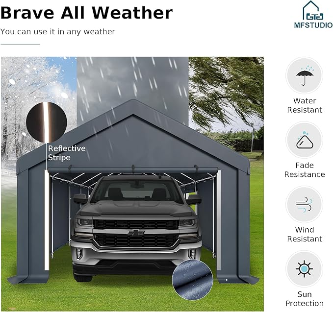 MFSTUDIO 13x24 Heavy Duty Carport, Outdoor Shades Portable Storage Shelter Garage with Rolled up Zipper Doors, Extra Large Car Canopy Tent with Roll-up Sidewalls for Boat Truck Party
