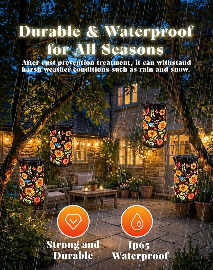 Colorful Sunflower Glow Solar Garden Lantern - 2026 Weather-Ready Sunflower Lantern for Every Season, IP65 Waterproof Metal Outdoor Hanging Light for Patio, Garden, Yard, Pathway (4PCS)