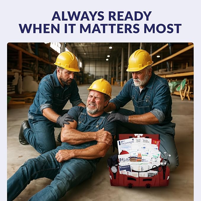 MFASCO Complete Emergency Response First Aid Kit Trauma Bag - 415 Piece Fully Stocked Supplies for Disaster Preparedness | for Business, Schools, Organizations, Groups, Home Safety (Reflective - Red)