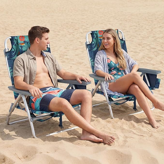 Goplus Beach Chair, Folding Backpack Beach Chairs for Adults with 5 Positions, Head Pillow, Cooler Bag, Towel Bar, Cup Holders, Sunbath Sling Tanning Lounge, Foldable Layout Camping Chairs