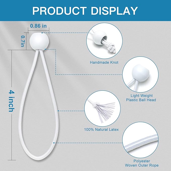 Ball Bungee Cords 4 Inch,100 PCS White Tarp Bungee Balls Heavy Duty Canopy Tarp Tie Cords for Camping, Shelter