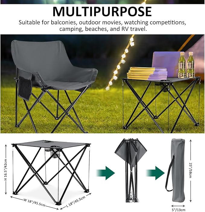 Leonyo Portable Camping Chairs for Adults, 2 Pcs Oversized Lawn Chair with Folding Camping Table for Beach, Picnic, Outdoor Sports, Fishing, Rv Travel – Grey