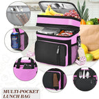 LOKASS Lunch Box & Lunch Bag for Women Men Double Deck, Large Insulated Adult Lunch Box Leakproof Lunchbox Cooler Bag for Work Picnic Beach,（Pink&Black 16L）
