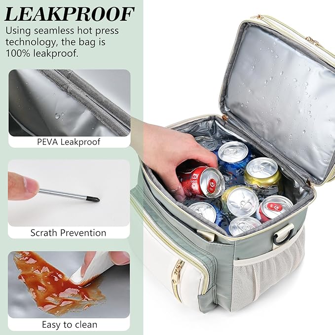 LOKASS Lunch Box & Lunch Bag for Women Men Double Deck,Large Insulated Adult Lunch Box Leakproof Lunchbox Cooler Bag for Work Picnic Beach,（Olive Green16L）