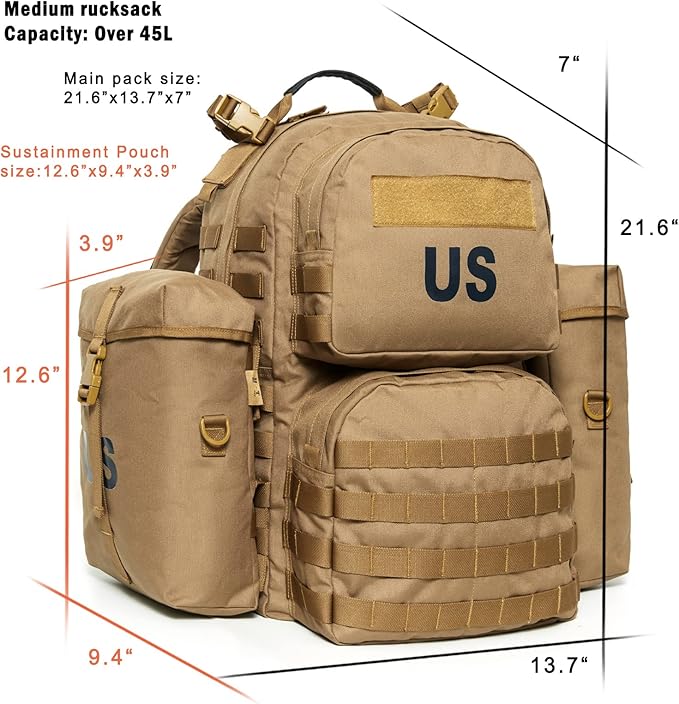 Akmax MOLLE II Medium Rucksack Military Tactical Backpack with Detachable Side Pouches & Upgraded Frame for Enhanced Comfort