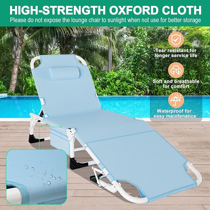 LILYPELLE 3in1 Sun Tanning Chair with Mattress, Heavy Duty Lounger Chairs with Face Arm Hole, Removable Pillow, Outside Chaise Lounge Chair for Sunbathing, Patio, Poolside, Lawn, Beach