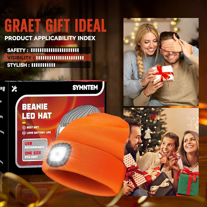 Unisex Beanie Hat with Light, Rechargeable Headlight Cap, Valentines Day Gifts for Him, Cool Gadget Gifts for Him, Birthday Gifts for Women, Gifts for Men, Orange