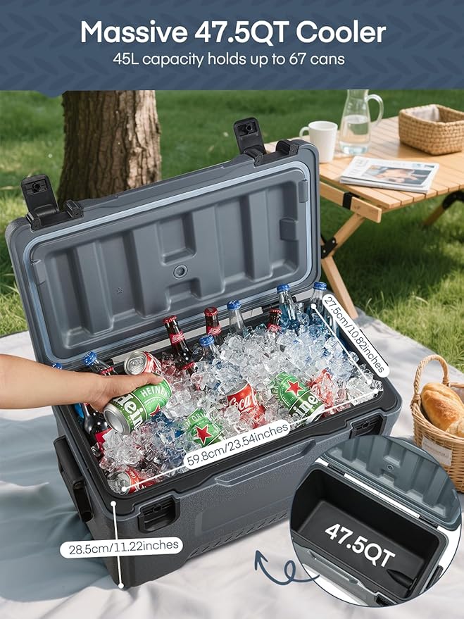 Cooler, Portable Hard Cooler with Dual Latches, Insulated Ice Chest with Swing-up Side Handles, Molded Ruler＆Cup Holders, Coolers Keeps Cool up to 6 Days, Camping Fishing Road Trips Beach, 47.5 QT