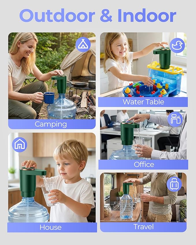 Water Jug Pump for 5 Gallon Bottle – Portable Electric USB-C Charging Dispenser, Dual Powerful Motors, Fast Flow, Fits 2-5 Gallon Jugs – Ideal for Home, Office, Camping, RV, Dark Green