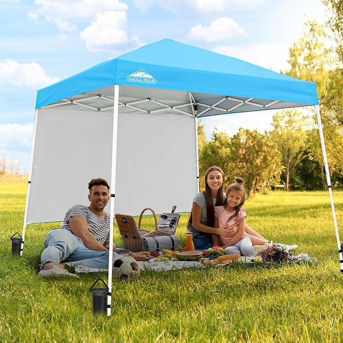 EAGLE PEAK 10x10 Pop Up Canopy Tent with Sidewall, Compact, Portable Slant Leg Instant Sun Shelter for Beach, Sports, & Camping, 10x10 Base 8x8 Top, Light Blue