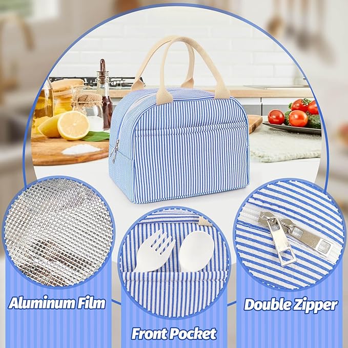Lunch Bag For Women, Cooler Insulated Lunch Box For Travel Work Picnic College School Adult Large Capacity Lunch Bags, Blue Stripe