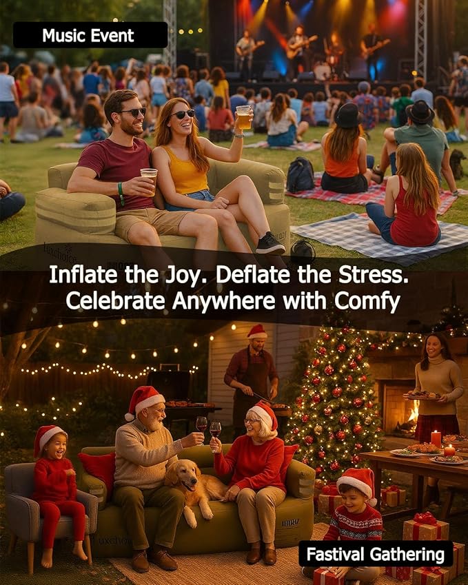 Portable Inflatable Couch for Camping with Built-in Pump Durable Inflatable Furniture Comfortable Blow Up Couch Stylish Outdoor Air Sofa Perfect for Backyard Beach Music Festival Party | Auto Cordless Pump, Durable Fabric, Puncture Resistant, Stain-Res...