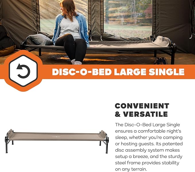 Disc-O-Bed Large Outdoor Modular 1 Person Single Camping Cot Portable Bed for Adults, Sleep Solution for Tents, Tan