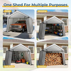 10 x 15 FT Carport, Portable Shed w/220G Heavy Duty Waterproof PE Tarp, Roll-up Zipper Door & Vent, Weather-Resistant Storage Shed for Motorcycle, Bike, ATV and Tools, Gray