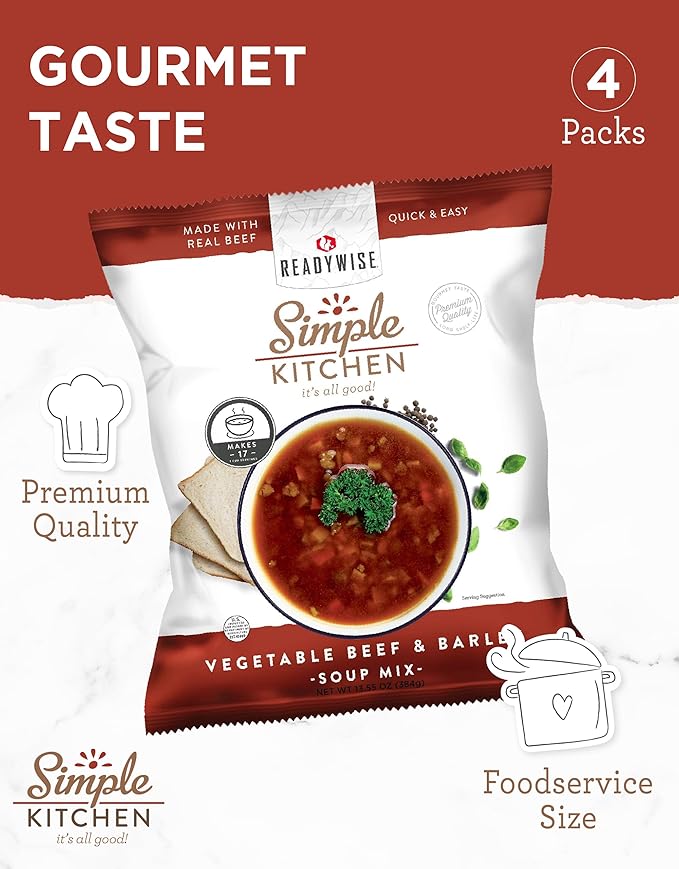 Simple Kitchen Vegetable Beef & Barley Soup Mix - 17 Servings for Family Meal Prep, Vegetarian, Gluten Free, Dehydrated & Freeze Dried Survival Food for Camping Meals & Hiking, Survival Kit, Pack of 4