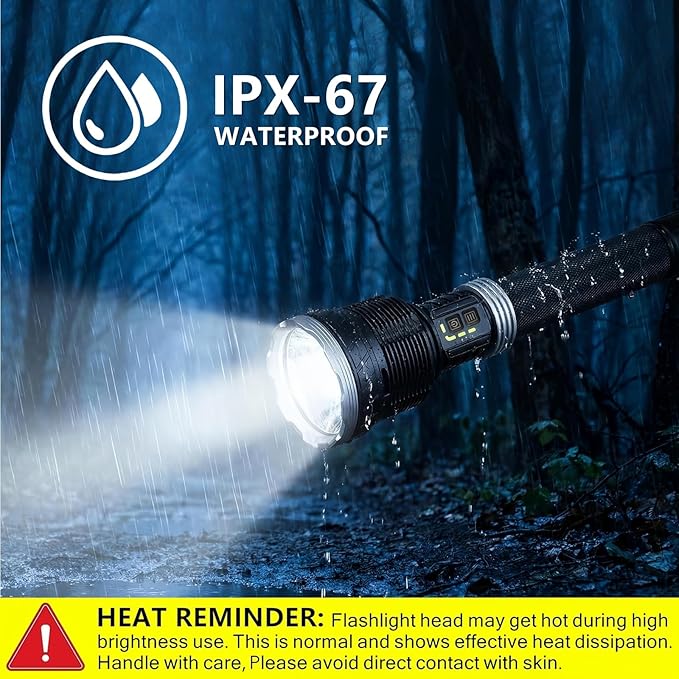 Rechargeable Flashlight 15,000 High Lumens, 120W XHP360 LED Super Bright Tactical Zoomable Flashlights with USB Output, Large Capacity Powered Waterproof Flash Light for Emergencies, Camping, Hunting