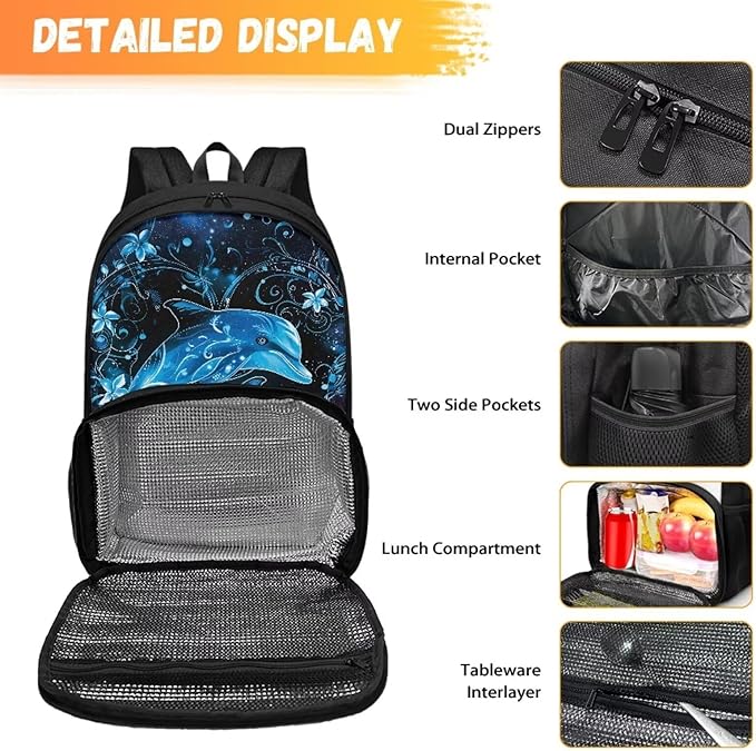 School Backpack with Multi Pockets, Lightweight Insulated Cooler Backpack Lunch Box, Casual School Work Nurse Hiking Outdoor Daypack Meal Bag, Blue Dolphin Floral