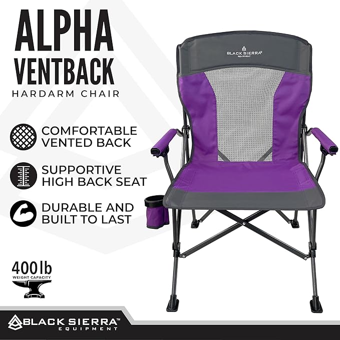 Black Sierra Camping Chair – Folding Portable Lawn & Beach Chair with Padded Hard Armrest, Mesh Vented Back, Spacious, Cup Holder, Carry Bag – Supports 300 lbs for Sports