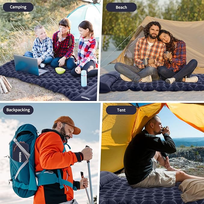Camping Double Sleeping Pad, Self Inflating Sleeping Mat with Pillow Built-in Foot Pump, 2 Person Portable Camping Air Mattress for Backpacking, Hiking, Traveling, Tent,Beach