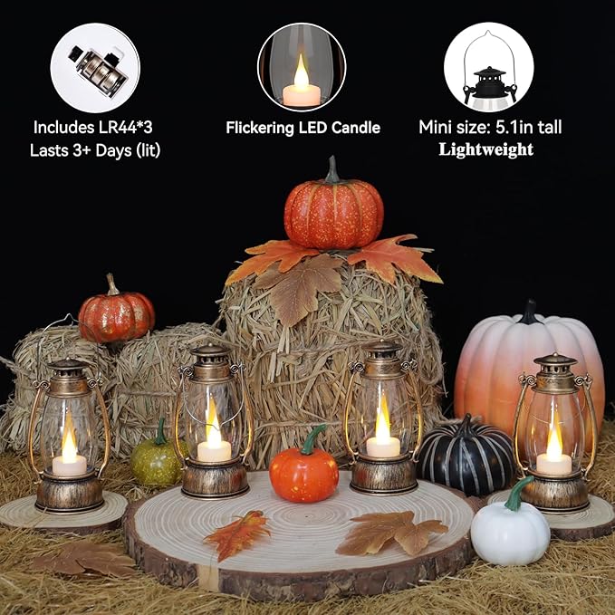 12PCS Bronze Mini Lanterns with Remote Control, 5.1" H/13cm Small Vintage Western Lanterns for Christmas Table Centerpieces, Halloween/Camping Party Decorations, Indoor Hanging & Table
