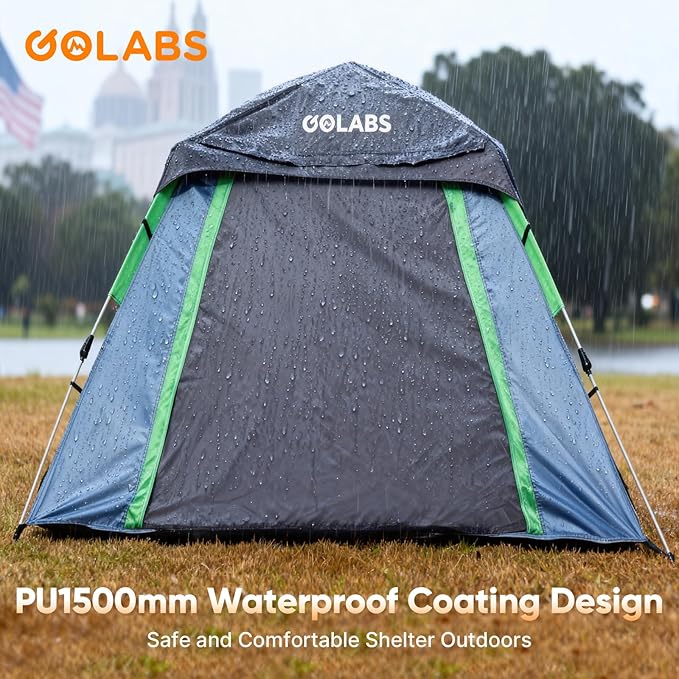 Golabs 3 Person Camping Tent w/ 9.5x8.5 ft Canopy, 3-Minute Setup by Pre-Attached Pole, PU1500mm Waterproof, 4 Side Mesh Tent Top & Door & Ventilation, Portable Family Tent w/Carry Bag & Pocket & Hook