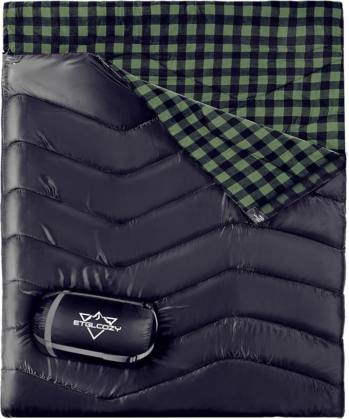 XL Queen Size 2 Person Double Sleeping Bag for Adults, Lightweight Compact with Flannel Liner & Thermolock Draft Tube, Machine Washable All Season Camping Travel