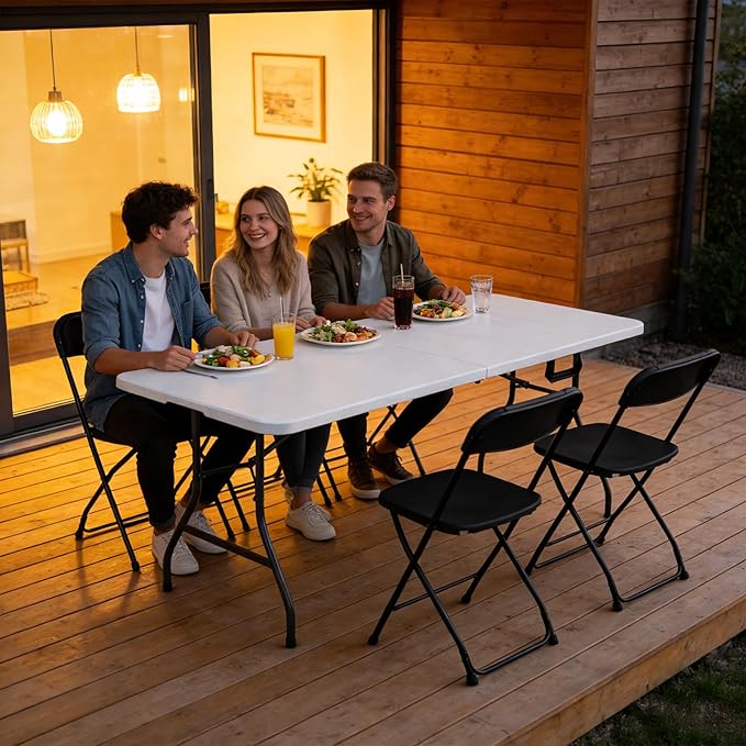 Folding Table 6FT Heavy Duty Plastic Table with Handle, Foldable&Portable, Fold-in-Half Utility Tables for Outdoor, Dining, Wedding, Events, Indoor, Picnic, Camping, Party, White