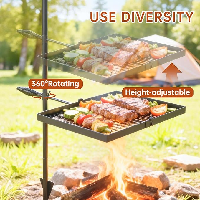 Folding Campfire Grill grate, Compact Height-Adjustable Fire Pit Grilling Grate, Heavy Duty Swivel Over Fire Cooking Grate with Handbag for Outdoor Camping Hiking Backpacking and Family Gatherings