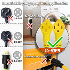 NEMA 14-50P/14-50R 30 FT 50 Amp RV/EV Extension Cord Outdoor with Grip Handle, 4 Prong Flexible Heavy Duty STW RV Power Cord Waterproof, 50A 125/250V 6250/12500W, Black-Yellow, ETL Listed