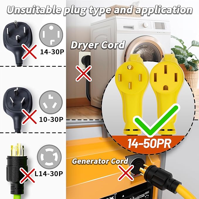 NEMA 14-50P/14-50R 30 FT 50 Amp RV/EV Extension Cord Outdoor with Grip Handle, 4 Prong Flexible Heavy Duty STW RV Power Cord Waterproof, 50A 125/250V 6250/12500W, Black-Yellow, ETL Listed