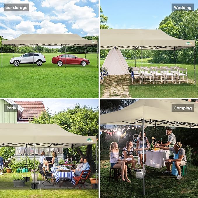 COBIZI 10x30 Pop up Canopy, Heavy Duty Outdoor Party Tents for Parties, Easy up UPF 50+ Waterproof Commercial Canopy with Wheeled Bag can fold, Khaki(Windproof Upgraded)