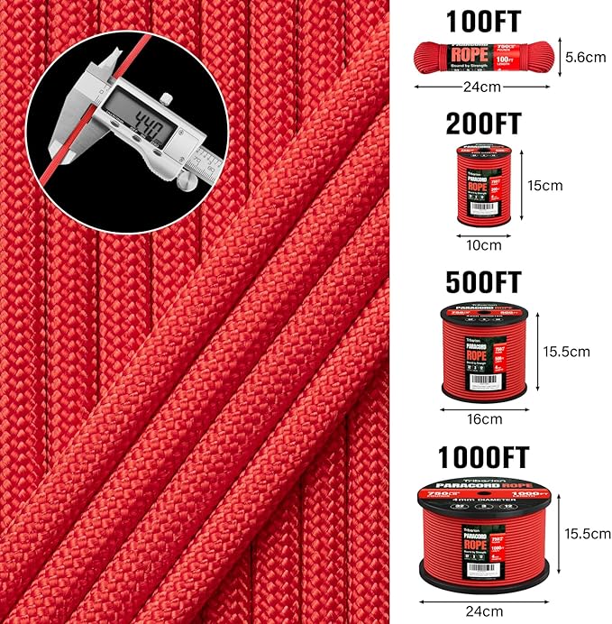 1200 Paracord Rope - 4.4mm 14 Strand Nylon Parachute Spool para Cord Lanyard for Outdoor Camping Survival Utility Tent Crafting DIY Projects Fishing Clothsline Bracelet - Red 200FT