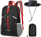 25L Foldable Backpack & Bucket Hat 2 IN1 Combo, Lightweight packable Travel Set, Compact Daypack Sun Fisherman Hat (Black)
