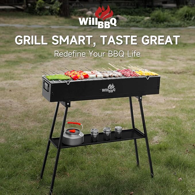 WILLBBQ Charcoal Grills Commercial Quality Portable Hibachi BBQ Lamb Skewer Folded Camping Barbecue Grill for Backyard Outdoor Cooking Use (31.5x7.2x5.2 inch), BLACK
