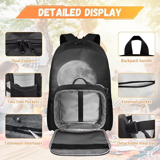 Moon Wolf Backpack for Men Cool Bookbag with Lunch Bag Large Capacity School Bag with Detachable Lunch Box for College Travel Camping Casual Book Bag