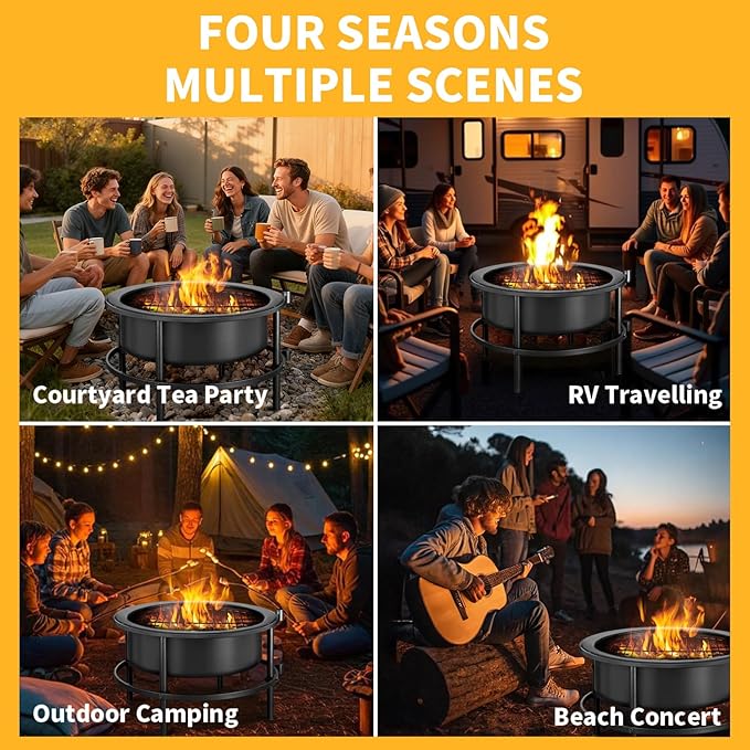 Fire Pits for Outside Wood Burning，3 in 1 Split Fire Pit with Rotating Table, Grill, Poker & Waterproof Cover, Portable Heavy Duty Steel Outdoor Firepit for Camping, Patio, Backyard