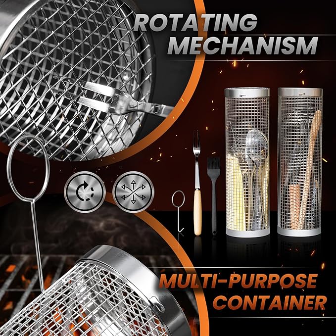 2PCS Rolling Grill Baskets for Outdoor Grill, Big Green Egg Accessories-Set Includes Fork, Hook, and Oil Brush-304g Stainless Steel-Perfect Gifts for Dad, Camping Must Haves, Unique Gifts