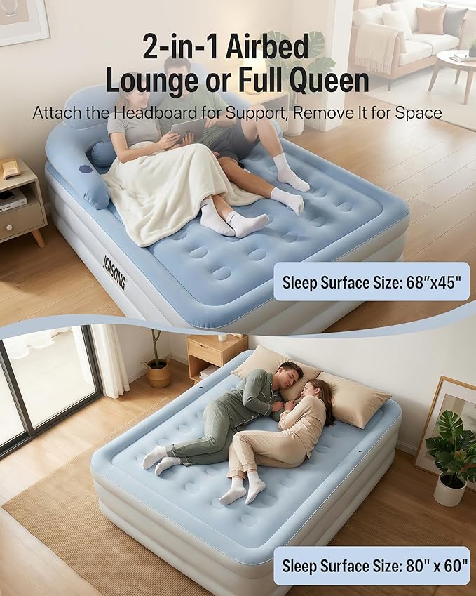 JEASONG Air Mattress Queen with Built in Pump, 20" Raised Blow Up Mattress, Cordless Inflatable Mattress, Air Bed with Headboard, Inflatable Bed Portable Airbed for Camping, Guest, and Home, 700 lbs