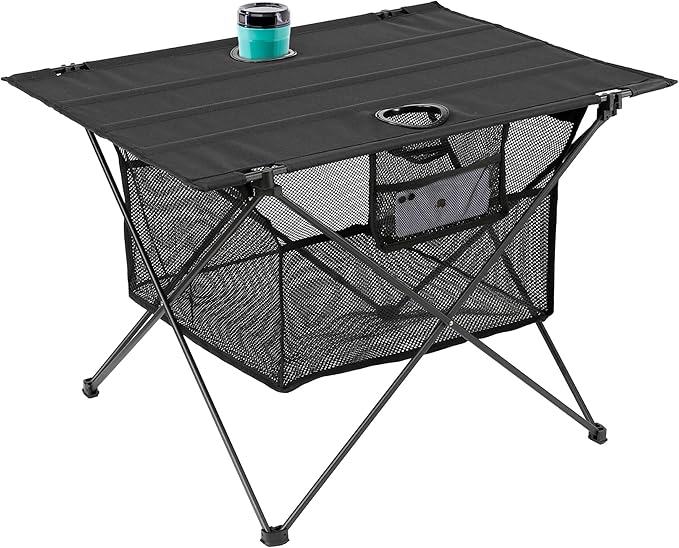 Lightweight Camping Table - Portable Folding Beach Side Table w/2 Cup Holders & Large Storage Basket, Compact Fold for Tailgate Travel Outdoor Fishing Picnic | 29.2" W x 21.7" D (Black)