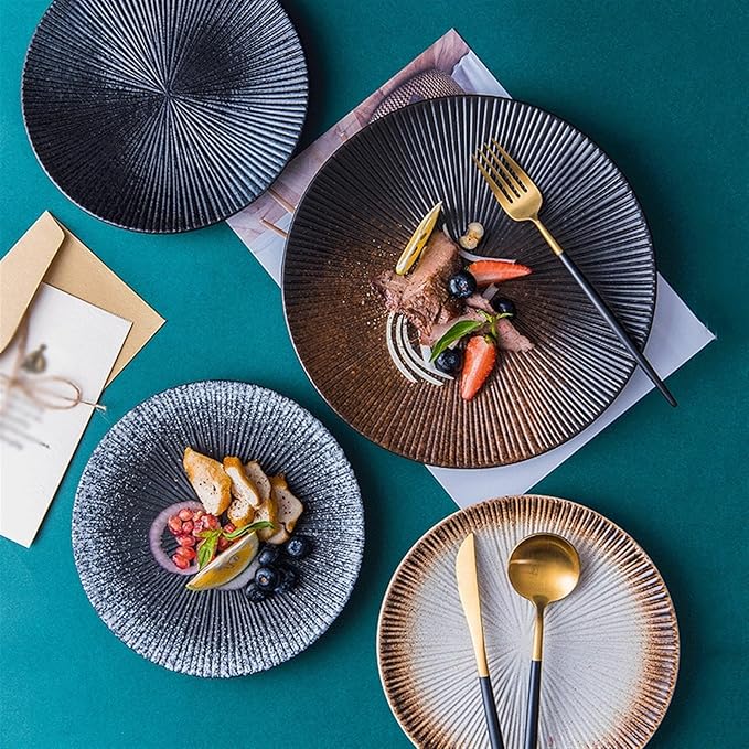 Camping Plates Fruit Tray Ceramic Flat Plate Dessert Plate Salad Plate Dinner Plate Home Tableware Kitchen Restaurant Flat Plate Round Steak Plate Decorative Plate(06,B)