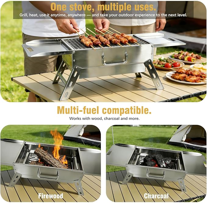 Portable Tabletop Charcoal Grill, Foldable Stainless Steel Mini BBQ Grill with Carry Bag, Lightweight Small Camping Picnic Travel Tailgating Patio Grill