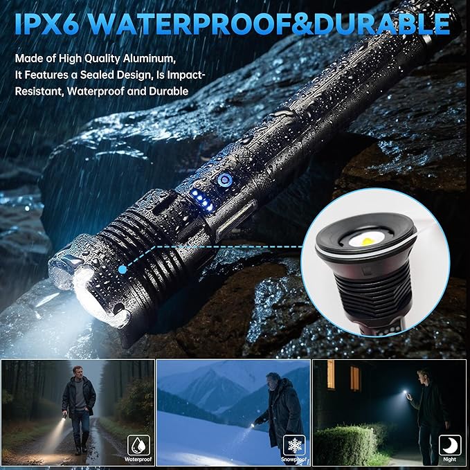 Rechargeable Flashlights High Lumens, Super Bright Tactical Flashlights with 5 Modes & Waterproof, Adjustable Focus Led Flash Lights for Home Camping Emergencies Hiking