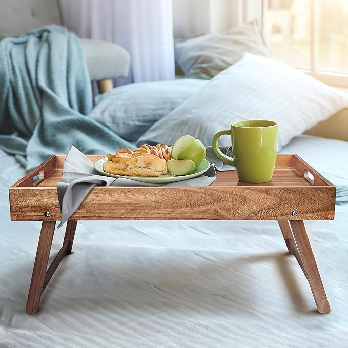 Extra Large Folding Bed Tray Table, 22’’ x 14’’ Acacia Wood Breakfast Tray, Food Serving Tray with Legs for Eating in Bed