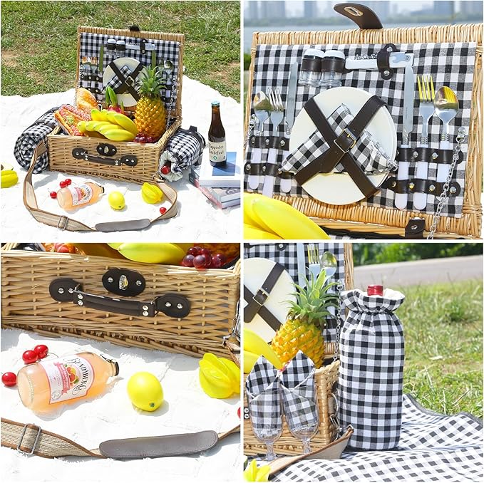 Picnic Basket for 2 with Blanket, Willow Picnic Basket Set with Shoulder Strap&Wine Pouch, Large Willow Hamper with Insulated Cooler for Outdoor, Camping, Beach, Couples, Wedding Gift