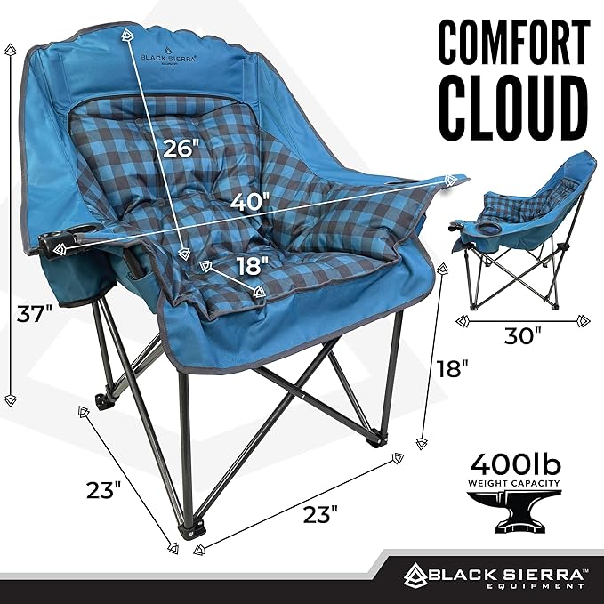 Black Sierra Oversized Camping Chair for Adults – 400 lb Heavy Duty Folding Chair with Cup Holders & Carry Bag
