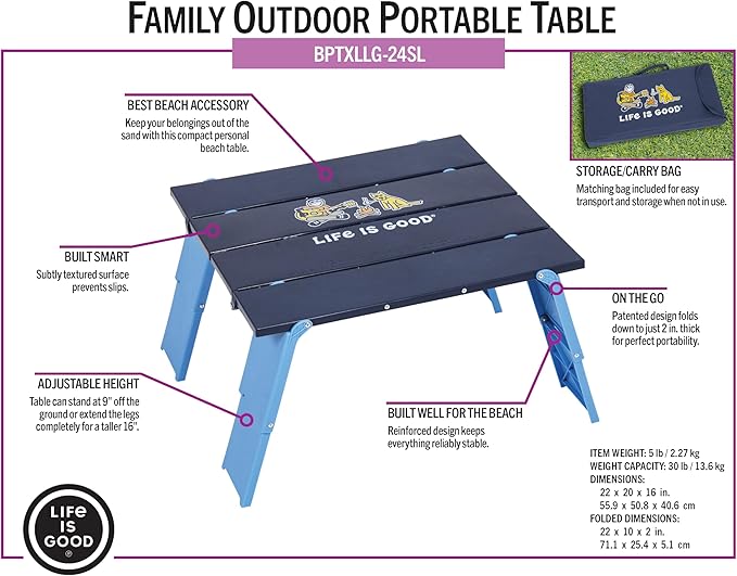 Life is Good Family Portable Outdoor Folding Table with Adjustable Height and Carry Bag for Beach, Camping, 30lb Weight Capacity, 22" x 20" x 16"