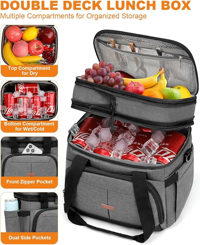 Lunch Box For Men Women Double Deck Insulated Lunch Bag For Men Woman Leakproof Expandable Cooler Bag with Adjustable Shoulder Strap for Kids Shool Work Picnic Camping(Gray‌,Large)